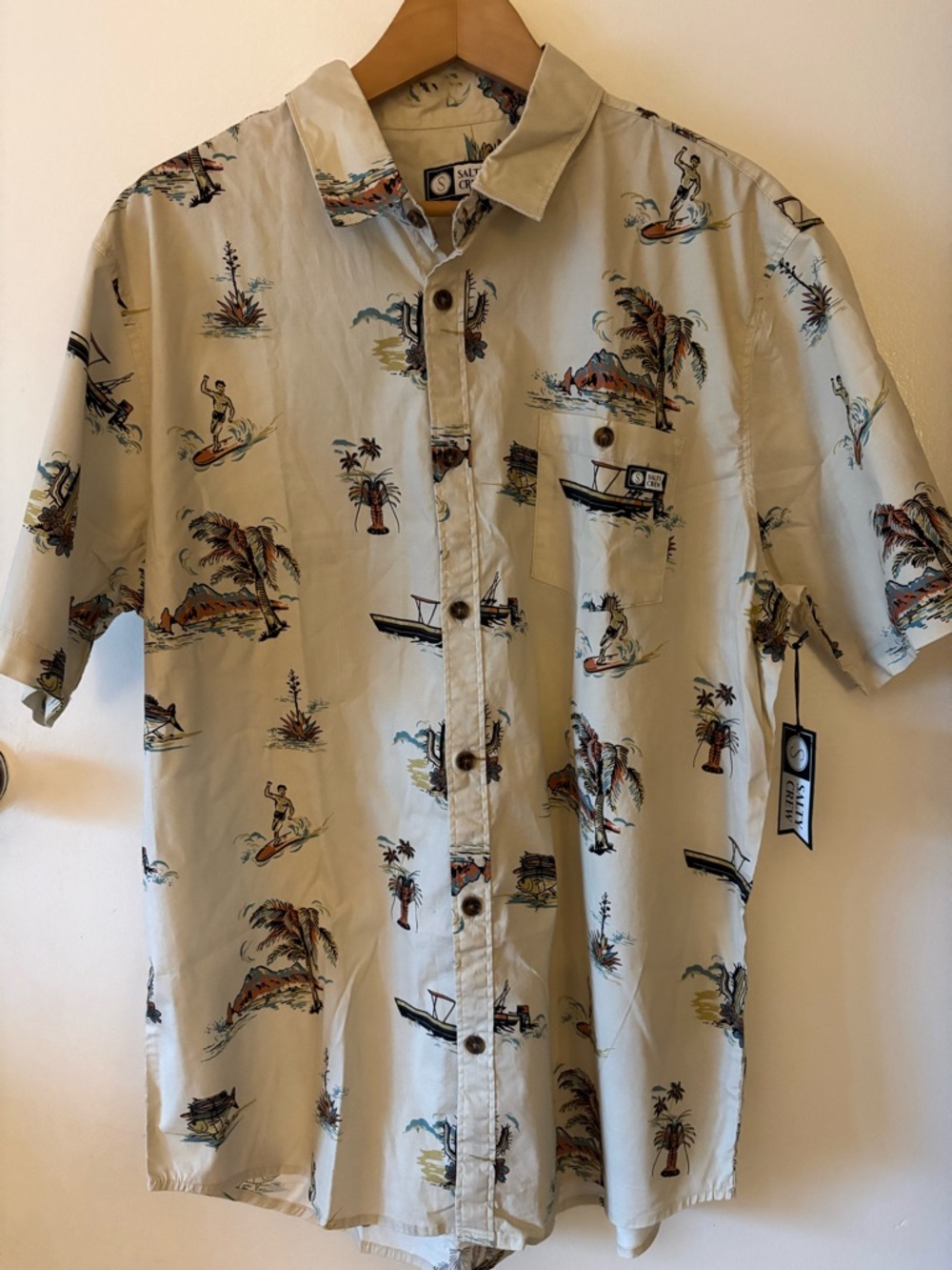 NWT Salty Crew Pescador Vintage White Short-Sleeve Tropical Print Button-Down